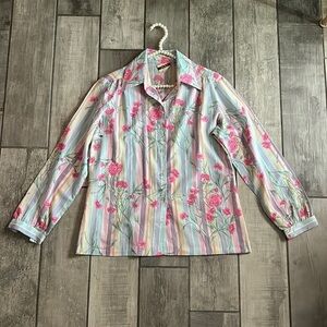 Vintage Neiman Marcus pastel stripe floral bouquet button-down cotton shirt